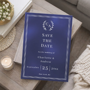 Navyblaue Monogramm-Kranz-Hochzeit Save The Date