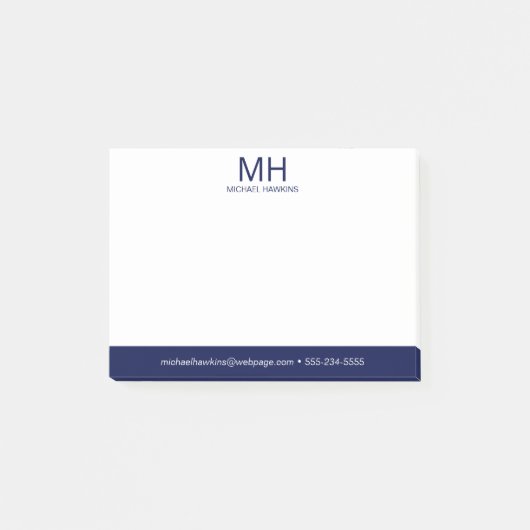 Navyblaue monogrammierte Herren- Post-it Klebezettel (Vorderseite)