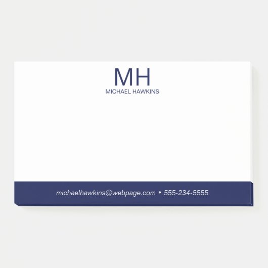 Navyblaue monogrammierte Herren- Post-it Klebezettel (Vorderseite)