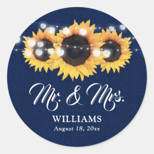 Navyblaue Mr-und-Mrs-Sonnenblumen-Hochzeit Runder Aufkleber