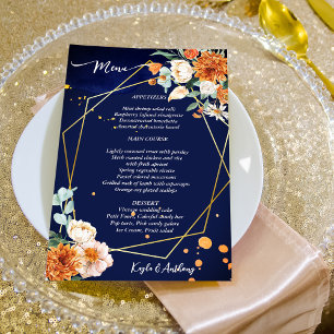 Navyblaue orange weiße Rosen Speisekarte 