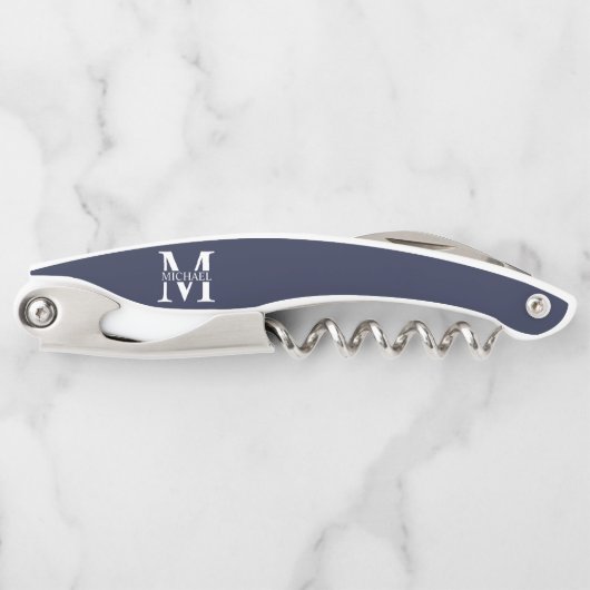 Navyblaue personalisierte Monogramm und Name Kellnermesser (Vorderseite)