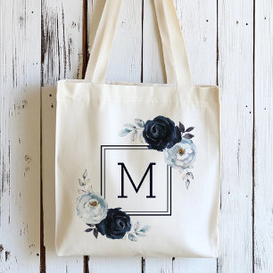 Navyblaue Pfingstrosen-Blumenmonogramm  Tragetasche