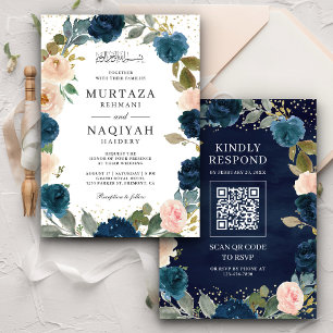 Navyblaue Pfirsich-Blumen-QR-Code-Muslim-Hochzeit Einladung