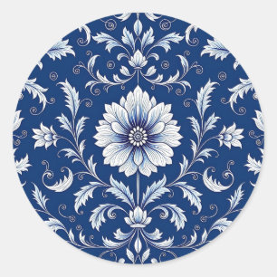 Navyblaue Porzellan-Blumenmuster Runder Aufkleber