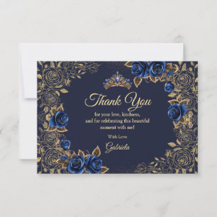 Navyblaue Quinceañera Golden Tiara Rosen Floral   Dankeskarte