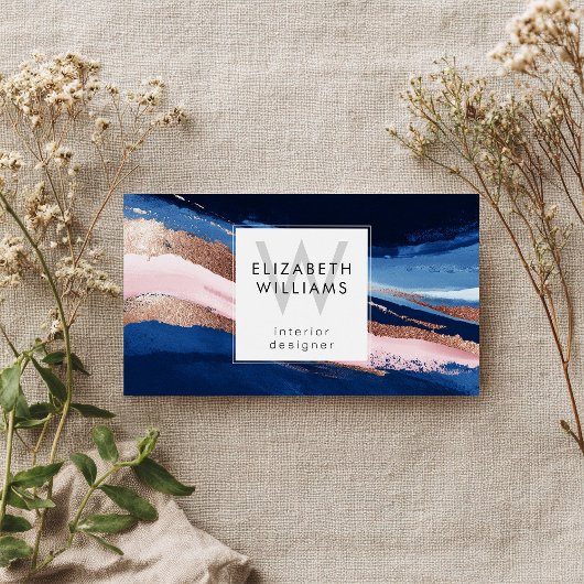 Navyblaue rosa Roségold-Monogramm Visitenkarten