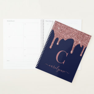 Navyblaue Rose Gold Glitter Tropfen Luxus-Monogram Planer