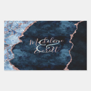 Navyblaue Rose Goldfolie Achat Monogramm Hochzeit Rechteckiger Aufkleber