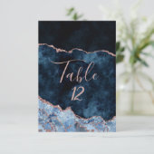 Navyblaue Roségold-Achat-Tischnummern-Sitzordnung Einladung (Stehend Vorderseite)