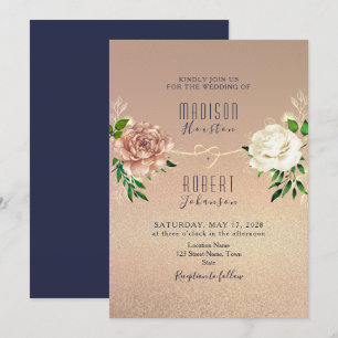 Navyblaue Roségold-Blumen-Einladung Einladung