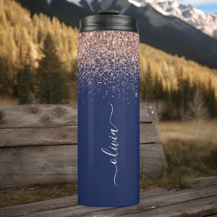 Navyblaue Roségold-Blush-Pink-Glitzer-Monogramm Thermosbecher