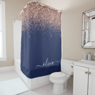 Navyblaue Roségold-Rosa Glitter-Monogramm Duschvorhang