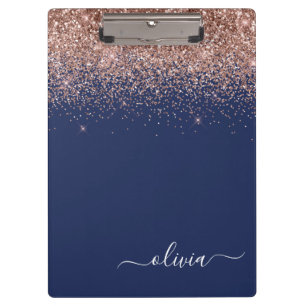 Navyblaue Roségold-Schimmer Rosa Glitter-Monogramm Klemmbrett