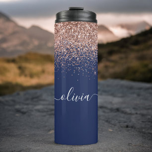 Navyblaue Roségold-Schimmer Rosa Glitter Monogramm Thermosbecher