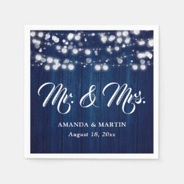 Navyblaue Rustikale Holz-Lichterkette Mr und Mrs Serviette