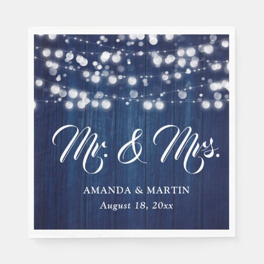 Navyblaue Rustikale Holz-Lichterkette Mr und Mrs Serviette (Vorderseite)