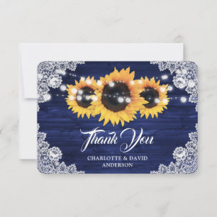 Navyblaue Rustikale Holzspitze Sonnenblumen Hochze Dankeskarte