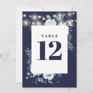 Navyblaue Rustikale Lichterkette Blumige Tischnumm Einladung