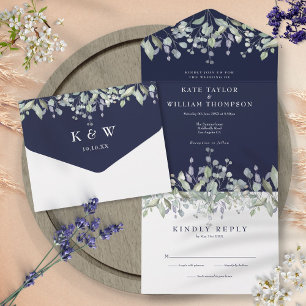 Navyblaue Salbei- und Flieder-Blumenmonogramm-Hoch All In One Einladung