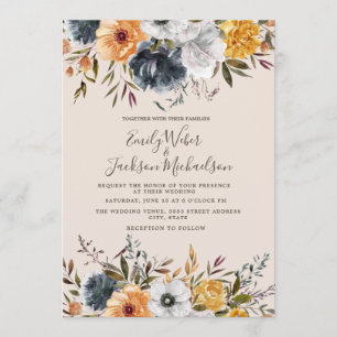 Navyblaue Senfgelbe Blumen Grün Hochzeit Einladung