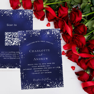 Navyblaue silberne Glitter QR-Code RSVP-Hochzeit Einladung