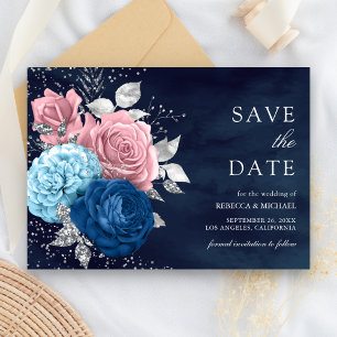 Navyblaue silberne staubige rosa Blumenhochzeit Save The Date