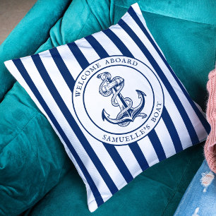 Navyblaue Streifen Maritimes Bootsname Anker Seil Kissen