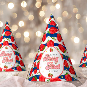 Navyblaue Streifen Weiße 1. Geburtstag Berry First Partyhütchen