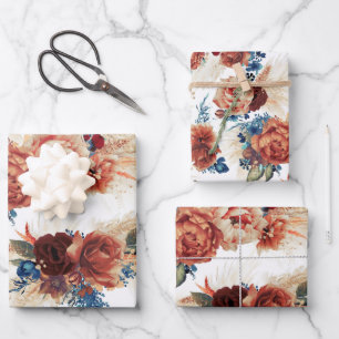 Navyblaue Terrakotta-Floral-Pampasgras-Botanik Geschenkpapier Set