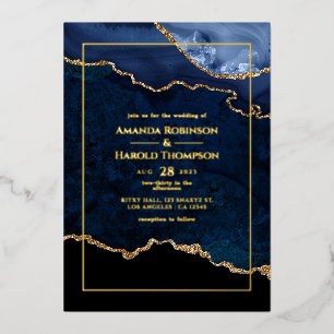 Navyblaue und goldene Achat-Hochzeitsfolien-Einlad Folieneinladung