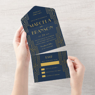 Navyblaue und goldene Art Deco-Hochzeit All In One Einladung
