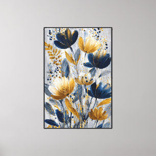 Navyblaue und goldene Blumen auf silbernem Hinterg Leinwanddruck