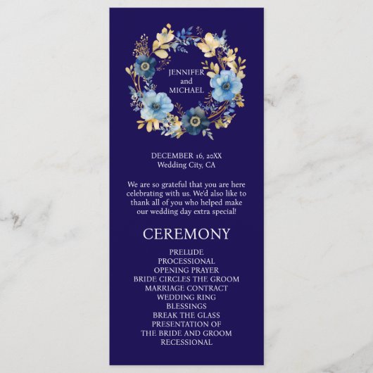 Navyblaue und goldene Blumen Hochzeitsprogramm Programm (Vorderseite)