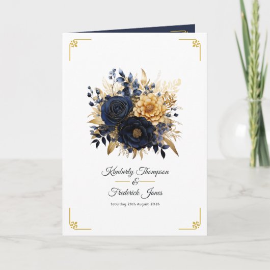Navyblaue und goldene Blumenhochzeit Programm (Vorderseite)