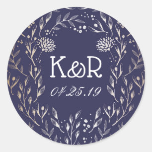 Navyblaue und goldene florale Gartenhochzeit Runder Aufkleber