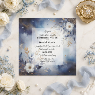 Navyblaue und goldene florale Hochzeit Einladung
