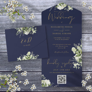 Navyblaue und goldene grüne Floral-QR-Code-Hochzei All In One Einladung