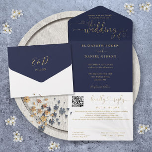 Navyblaue und goldene Herz-Schrift-QR-Code-Hochzei All In One Einladung