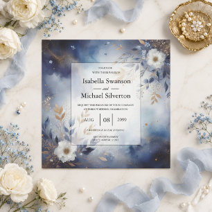 Navyblaue und goldene Hochzeit mit floralen Motive Einladung