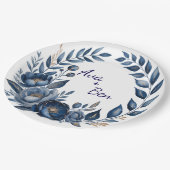 Navyblaue und goldene Pfingstrosen-Hochzeit Pappteller (Schrägansicht)