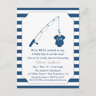 Navyblaue und graue Babyparty mit Fischthema Einladung