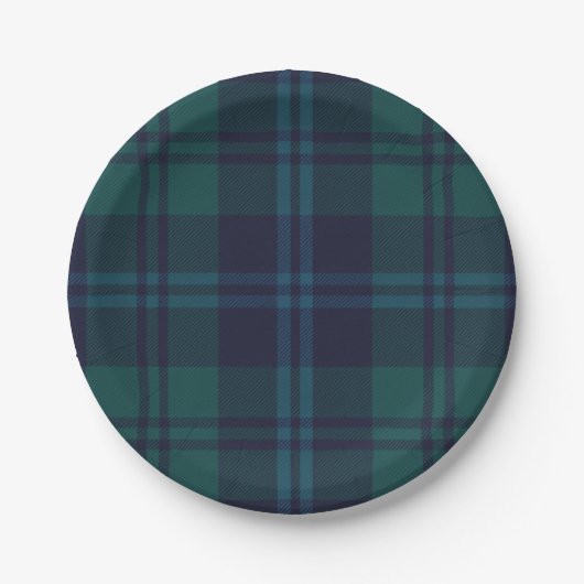 Navyblaue und grüne Tartan-Karo-Papierteller Pappteller (Vorderseite)