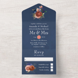 Navyblaue und korallenrote Blumenhochzeit Alles in All In One Einladung