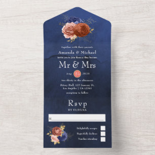 Navyblaue und korallenrote Blumenhochzeit Alles in All In One Einladung