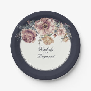 Navyblaue und Mauve-Wasserfarben-Blumen Vintage Pappteller