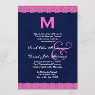 Navyblaue und rosa Spitzen-Monogramm-Hochzeit G112 Einladung
