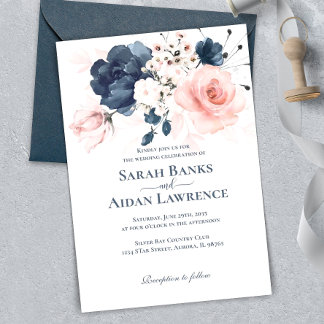 Navyblaue und rosafarbene florale Hochzeitseinladu Einladung