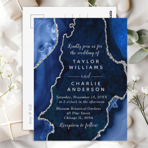Navyblaue und silberne Achat-Marmor-Hochzeit Postkarte