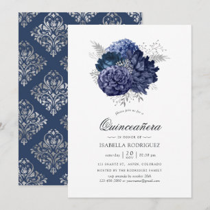 Navyblaue und silberne Vintage-Rose Quinceañera Einladung